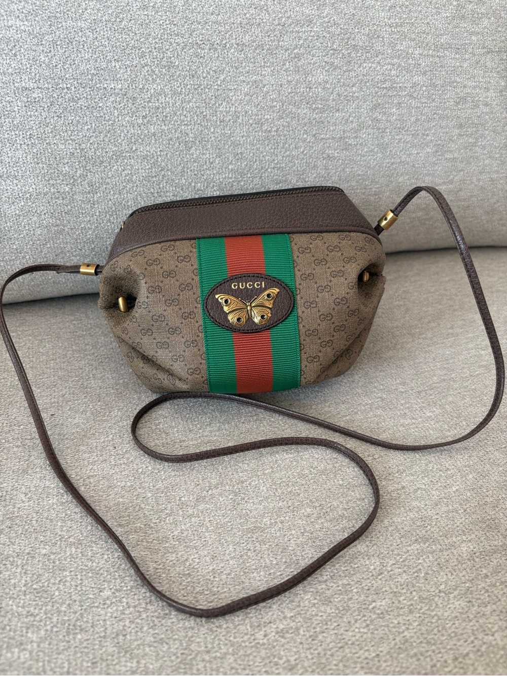 Gucci Brown GG Supreme Web Stripe Butterfly Crossbody Bag